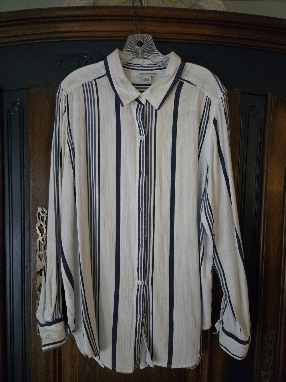 Liz Claiborne White and Navy Vertical Stripe Button-Down Shirt